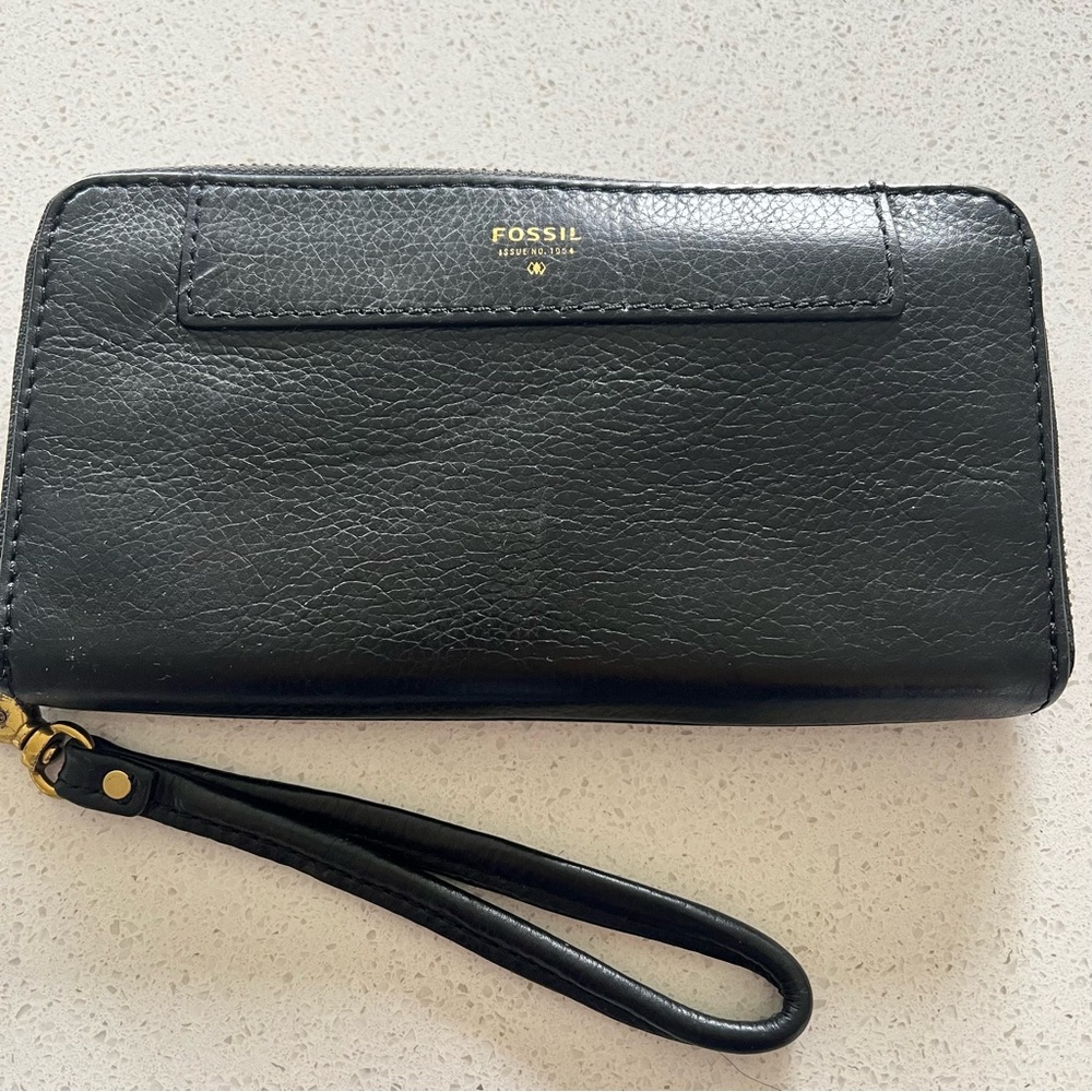 Fossil Tiegan Leather Clutch Black Cowhide Wallet Zip Cash Card ID Pockets 6x4"